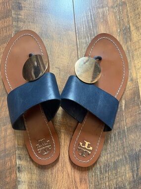 Tory Burch Navy Leather Slide Sandals with Gold Disc and Tan Footbed